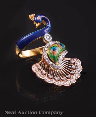 Gold, Enamel and Diamond Peackock Ring (1 of 2)