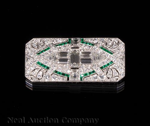 Art Deco Platinum, Diamond and Emerald Brooch (1 of 2)