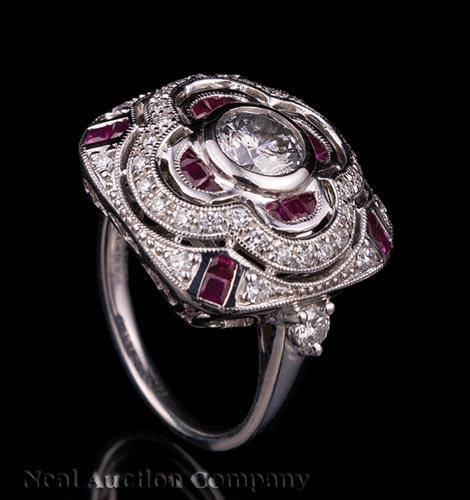 Art Deco-Style Platinum, Diamond and Ruby Ring (1 of 3)