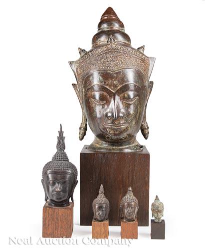 Collection of Five Thai Bronze Heads of Buddha (1 of 7)
