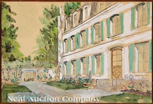 French School, 20th c: French School, 20th c ., "House with Green Shutters", 1952, watercolor on paper laid on board, signed and dated lower left, 11 5/8 in. x 17 5/8 in., framed . Provenance: The Estate of Caroline P. Irel