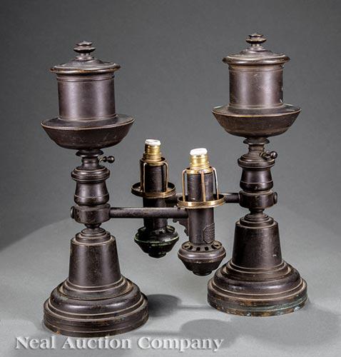 Pair of English Patinated Bronze Argand Lamps (1 of 1)