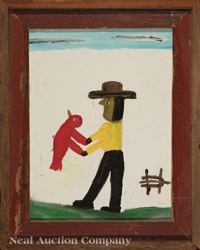 Clementine Hunter (American/Louisiana, 1886-1988): Clementine Hunter (American/Louisiana, 1886-1988) , "Releasing Red Bird", oil on canvas, monogrammed lower right, 16 in. x 12 in., framed