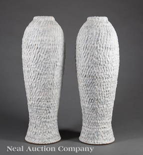 Two Peter Lane Glazed Stoneware Vases: Two Peter Lane (American, b. 1958) Glazed Stoneware Vases , marked "PL" in circle, overall light blue and cream glaze, h. 22 1/2 in., dia. 7 1/2 in Provenance: Estate of Dr. H. Russell Albright, New