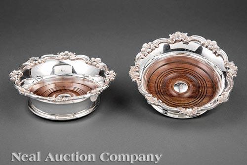 Pair of Georgian-Style Silverplate Wine Coasters: Pair of Georgian-Style Silverplate Wine Coasters , marked "Royal Castle/ Sheffield", turned hardwood bases