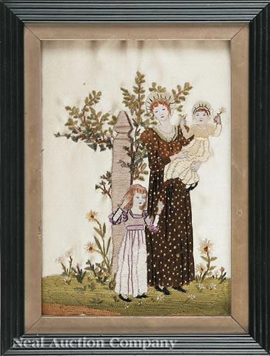 Two English Embroidery Fragments: Two English Embroidery Fragments , late 19th c., including "Mother and Children", after Kate Greenaway, silk thread and oil on silk, 6 3/4 in. x 5 in.; and "Cottage Path", monogrammed "Z.E.M" lower le