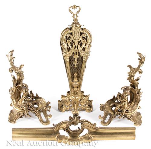 Louis XVI-Style Bronze Chenets and Fire Screen (1 of 1)