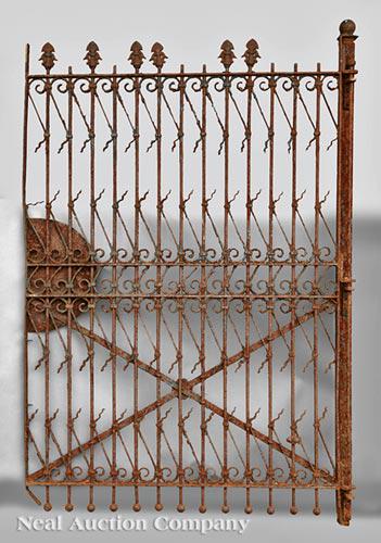 Pair of American Cast Iron Gates: Pair of Antique American Cast Iron Gates , c. 1890, with palmette finials, some elements hand-wrought, in "estate" condition, h. 75 in., total l. 100 in
