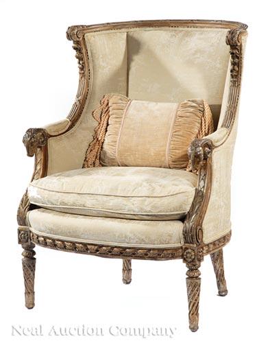 Louis XVI-Style Creme Peinte Bergere: Louis XVI-Style Creme Peinte Bergere , scrolled acanthus crest rail, padded arms with ram's heads, spiral fluted tapered legs, h. 37 1/2 in., w. 28 in., d. 29 in