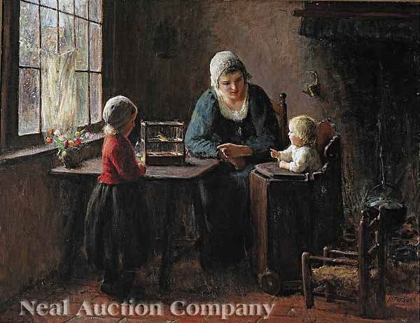 Bernard Pothast (Belgian, 1882-1966): Bernard Pothast (Belgian, 1882-1966), "The New Pet", oil on canvas, signed lower right, 28 in. x 36 in., in a later giltwood frame bearing label of "Traxel Galleries, Cincinnati" Provenance: Mrs. A.W.