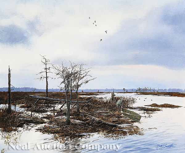 Brett James Smith (American/New Orleans, b. 1958): Brett James Smith (American/New Orleans, b. 1958), "Off Guard", oil on canvas, signed and dated "1986" lower right, label from Wild Wings Gallery, One Poydras Street, New Orleans, LA, and artist's bio