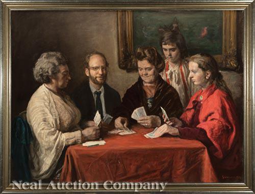 George Weissbort (British, 1928-2013): George Weissbort (British, 1928-2013), "Playing Cards", 1972, oil on canvas board, signed and dated lower right, label with artist and title on backing paper, 36 in. x 48 in., framed