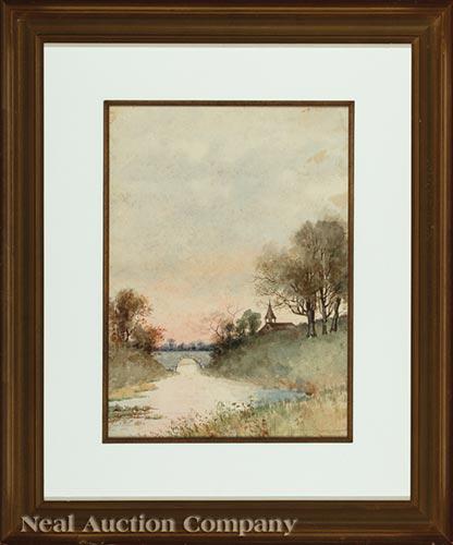 Aaron Bohrod (American/Wisconsin, 1907-1992): Aaron Bohrod (American/Wisconsin, 1907-1992), "Church", watercolor on paper mounted to board, signed lower right, 16 in. x 11 in., framed