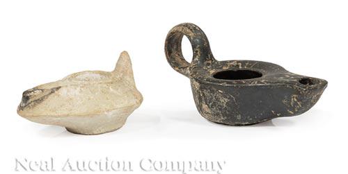 Two Ancient Roman or Greek Pottery Oil Lamps (1 of 2)