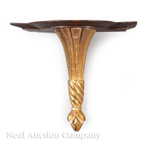 Regency Giltwood and Mahogany Wall Bracket: Regency Giltwood and Mahogany Wall Bracket , c. 1820, shaped molded top, lobed support, ropetwist standard, foliate pendant, h. 11 1/2 in., w. 12 3/8 in., d. 7 3/4 in