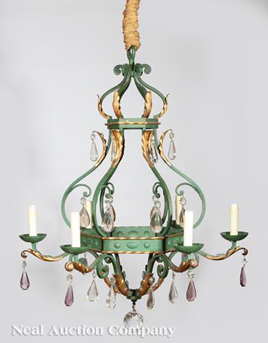 French Iron and Tole Peinte Six-Light Chandelier (1 of 1)