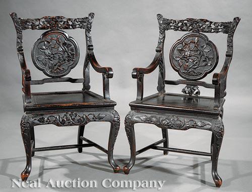 Pair of Chinese Carved and Ebonized Armchairs (1 of 7)