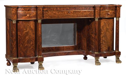 Brass Inlaid, Bronze-Mounted Mahogany Sideboard: American Classical Brass Inlaid and Bronze-Mounted Mahogany Sideboard , early 19th c., School of Duncan Phyfe, New York, blocked, molded top, conforming case, central fall front compartment, enclosing