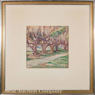 Ellsworth Woodward (American/Louisiana, 1861): Ellsworth Woodward (American/Louisiana, 1861-1939), "Live Oak Lined Pathway", watercolor on paper, initialed lower left, 10 in. x 9 1/4 in., framed . Provenance: Estate of Eunice Bate Coleman, New Orl