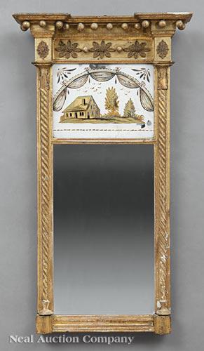 American Late Federal Giltwood, Eglomise Mirror: American Late Federal Giltwood and Eglomise Mirror , early 19th c., molded cornice with spherule pendants, gilt and penwork eglomise panel, rope-twist columnar supports, old mirror plate , h. 36 1/4 i