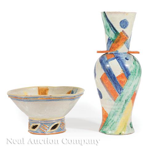 Gudrun Baudisch for the Wiener Werkstatte Vase: Gudrun Baudisch for the Wiener Werkstatte Glazed Pottery Vase and Bowl , c. 1925, each marked "WW", "Made in Austria", "GB", and model numbers "305" (bowl, and "369" (vase), vase h. 12 1/4 in., dia. 4