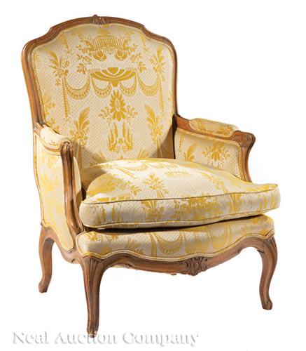 Louis XV-Style Carved Fruitwood Bergere: Louis XV-Style Carved Fruitwood Bergere , 19th c., molded crest rail, scrolled arms, cabriole legs, custom silk upholstery, h. 41 in., w. 31 in., d. 32 in