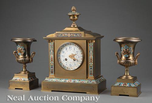 French Brass and Cloisonne Clock Garniture (1 of 1)