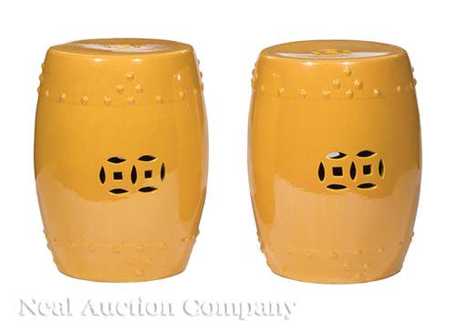 Pair of Yellow Chinese Garden Seats: Pair of Yellow Chinese Garden Seats , barrel form, pierced decoration, h. 17 1/2 in., dia. 13 in