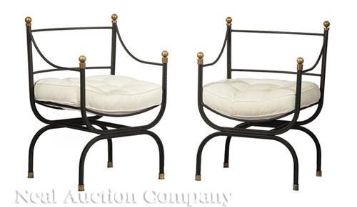 Pair of Continental Iron and Brass Curule Chairs (1 of 2)