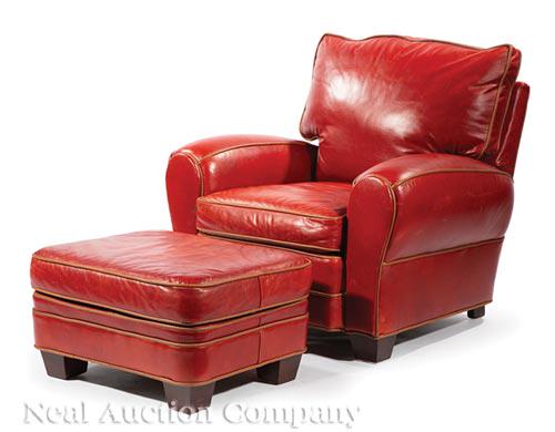 Art Deco-Style Red Leather Chair and Ottoman (1 of 2)