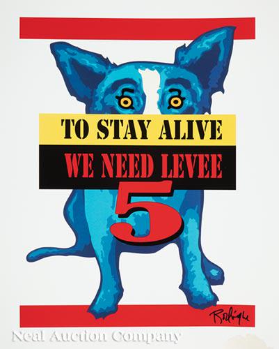 George Rodrigue (American/Louisiana, 1944-2013): George Rodrigue (American/Louisiana, 1944-2013), "To Stay Alive We Need Levee 5", 2006, silkscreen, signed lower right, open edition, 21 in. x 16 in., unframed . Ill.: Rodrigue, George and Wendy Wolfe