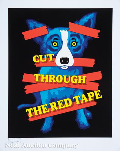 George Rodrigue (American/Louisiana, 1944-2013): George Rodrigue (American/Louisiana, 1944-2013), "Cut Through the Red Tape", 2006, silkscreen, pencil-signed lower left, open edition, 21 in. x 17 in., unframed . Ill.: Rodrigue, George and Wendy Wolf