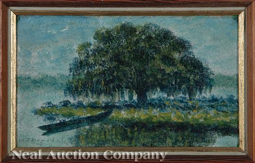 Alexander John Drysdale (American/New Orleans: Alexander John Drysdale (American/New Orleans, 1870-1934), "Bayou Scene with Live Oak and Pirogue", oil on canvas laid on board, signed lower left, 6 5/8 in. x 11 in., framed
