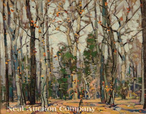 Frank Swift Chase (American, 1886-1958): Frank Swift Chase (American, 1886-1958), "Birch Forest in Autumn", oil on canvas board, signed lower right, 8 1/4 in. x 10 3/8 in., framed