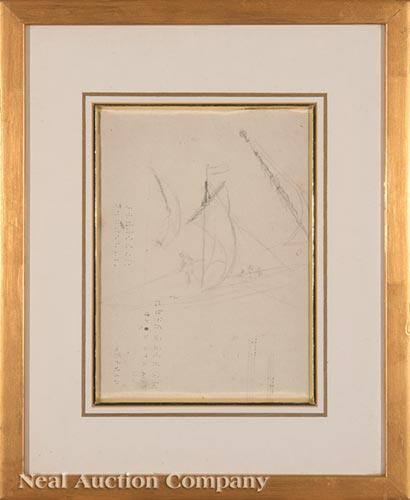 John Vanderlyn (American/New York, 1775-1852): John Vanderlyn (American/New York, 1775-1852), "Boat Sketch (Study for 'The Landing of Columbus in San Salvador')", pencil on paper, unsigned, "Kennedy Galleries, Inc." documentation attached on rever
