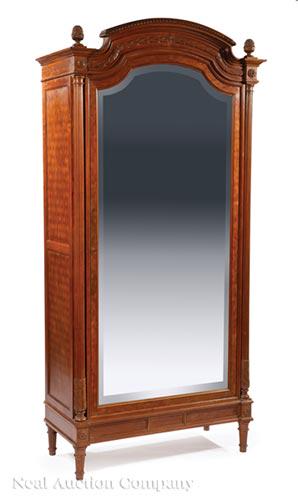 Louis XVI-Style Kingwood Parquetry Armoire: Louis XVI-Style Kingwood Parquetry Armoire , 19th c., finialed cornice, leaf and berry frieze, fluted colonnettes, beveled mirrored door, tapered ring turned feet , h. 93 in., w. 42 1/4 in., d. 20 in