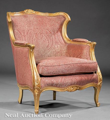 Louis XV-Style Giltwood Bergere: Antique Louis XV-Style Giltwood Bergere , floral carved crest, padded arms, cabriole legs , h. 34 1/2 in., w. 29 in., d. 20 1/2 in
