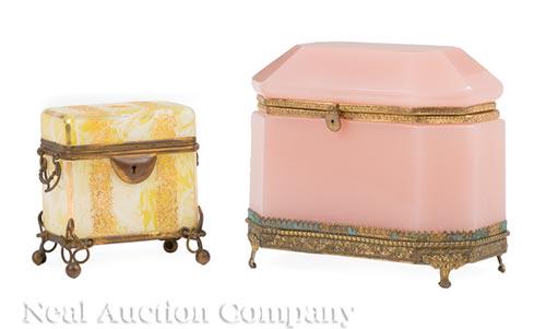 Gilt Metal Mounted Opaline Glass Dresser Boxes (1 of 2)