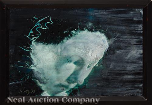 James Steg (American/Louisiana, 1922-2001): James Steg (American/Louisiana, 1922-2001), "Head", 1993, mixed media on paper mounted on panel, signed lower left, incised signature and date lower right, 11 in. x 16 3/4 in., framed