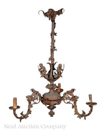 American Rococo Bronze Three-Light Gasolier: American Rococo Bronze Three-Light Gasolier , c. 1855, mounted with cherubs and masks, h. 46 in., dia. 33 in .; Note: one arm detached, AS IS Provenance: Property deaccessioned from the Louisiana Stat