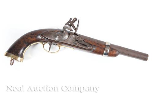 English Flintlock Pistol: English Flintlock Pistol , 19th c., walnut stock, butt with lanyard ring, barrel l. 9 in Provenance: Collection of Brooke and Maria Fox, Metairie, LA