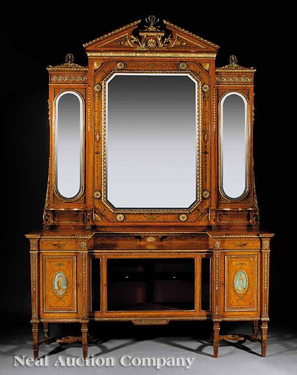 Carved, Painted, Gilt, Thuyawood Sideboard, Lamb: An Antique Regency-Style Carved, Painted and Gilt-Decorated Thuyawood Sideboard in the Adam Taste, c. 1880, stamped "Lamb Manchester 37253", egg and dart molded broken arched pediment centered with an