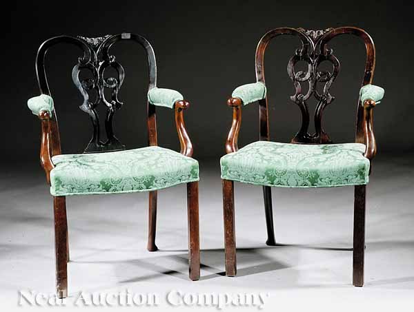 Pair of Georgian-Style Carved Mahogany Armchairs