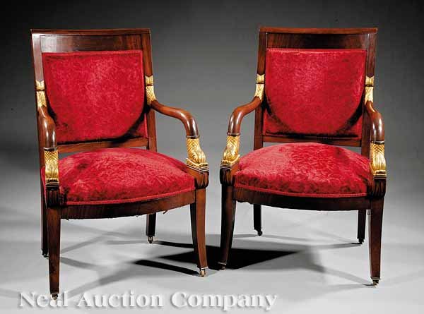 Pair Empire-Style Parcel-Gilt Mahogany Fauteuils