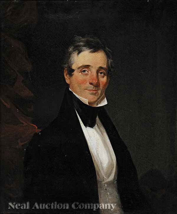 Attributed to Chester Harding (American/Kentucky): Attributed to Chester Harding (American/Kentucky, 1792-1866), a pair of portraits of "Mr. Churchill Samuel" and "Mrs. Judith Talbot Samuel", oils on canvas, unsigned, biographical label en verso, 30 i