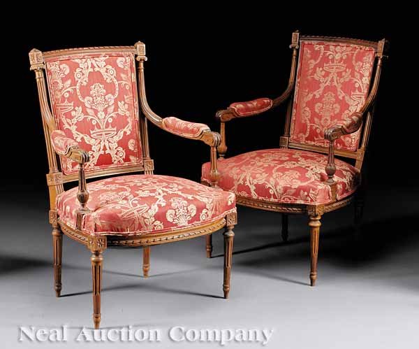 Pair Louis XVI-Style Carved Fruitwood Fauteuils