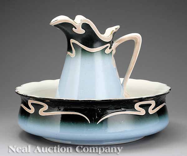 German Art Nouveau Earthenware Wash Basin/Pitcher