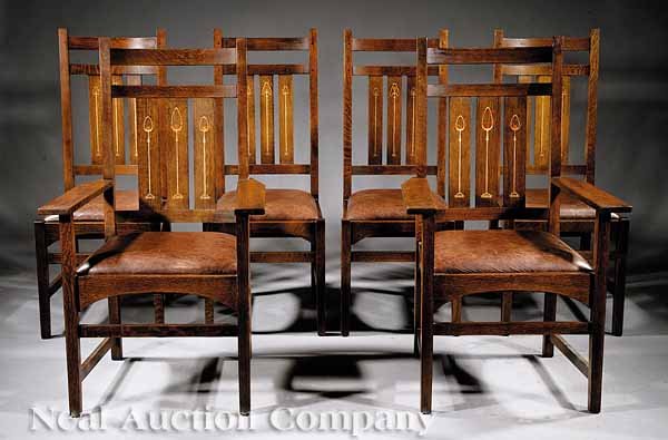 Stickley Harvey Ellis Oak, Inlaid Dining Chairs