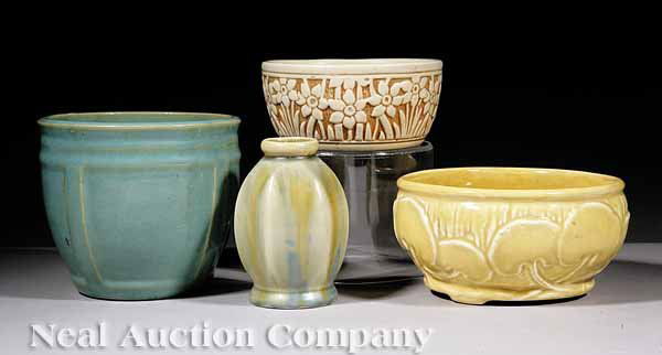 Vintage American Art Pottery Decorative Objects: A Group of Four Vintage American Art Pottery Decorative Objects, including a c. 1925 Weller bowl with daffodils in relief, a yellow glazed bowl with ginko leaves, a blue geometric design jardiniere, a