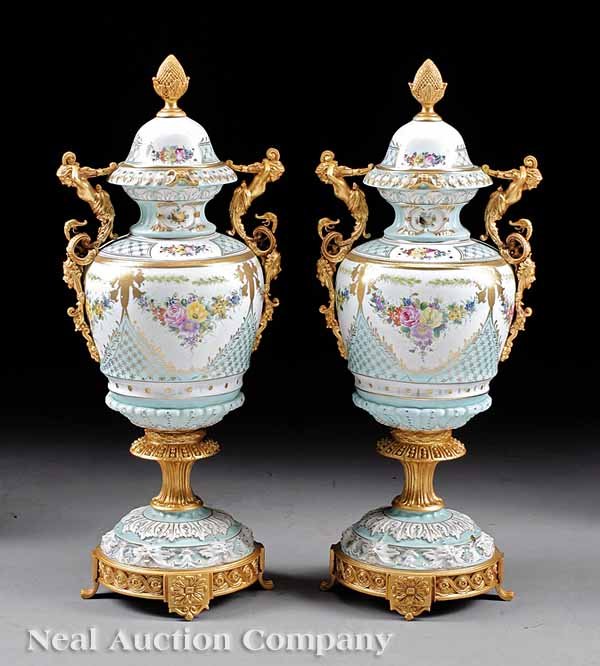 Pair of Sevres-Style Gilt and Polychrome Urns
